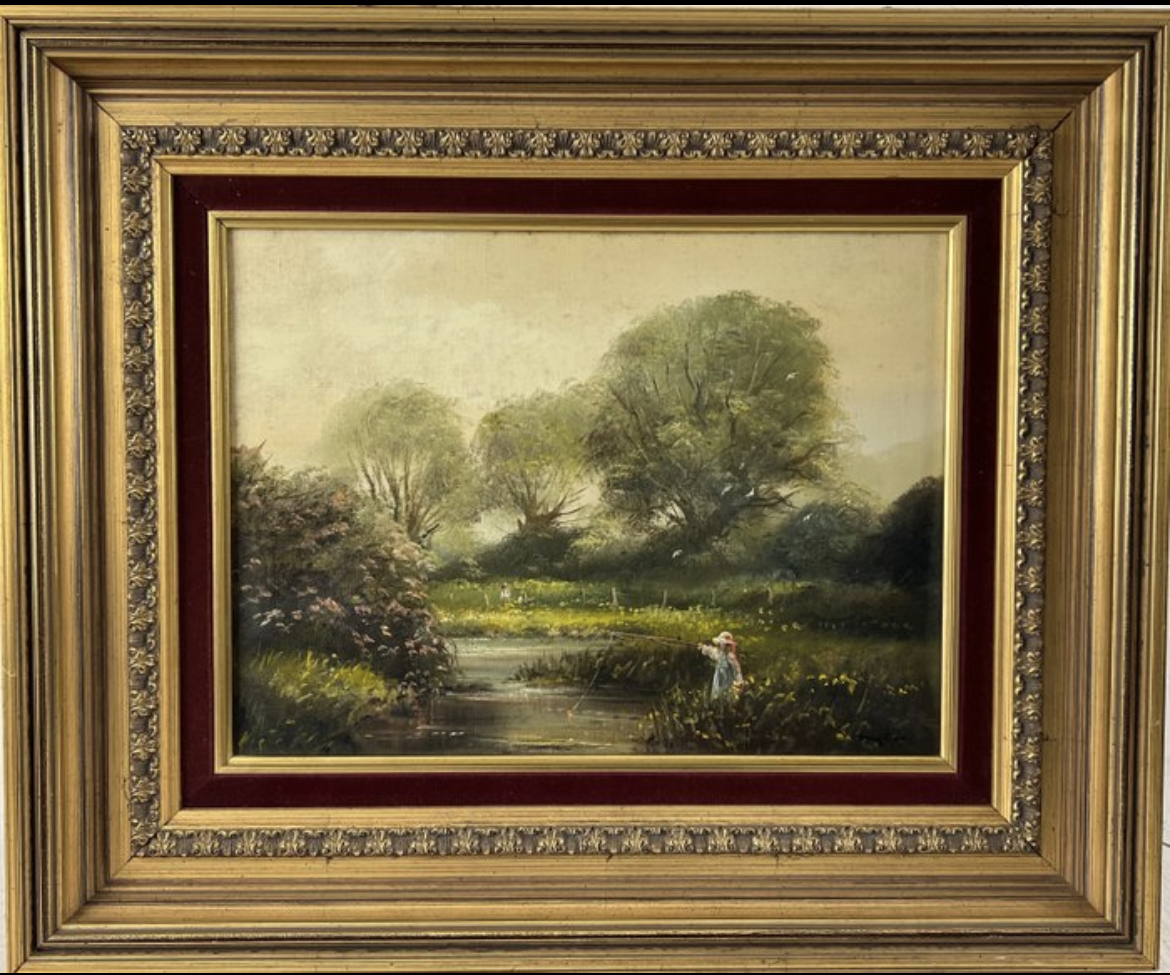 Dipinto Olio su tavola - A young girl fishing in a lan - 44.24dscape - - 42.24 (2)